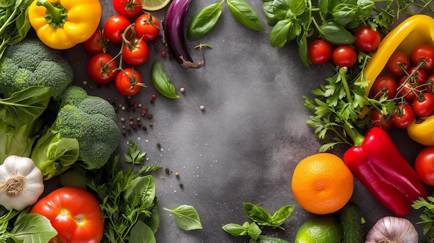 Fresh Vegetables and Herbs on Gray Background