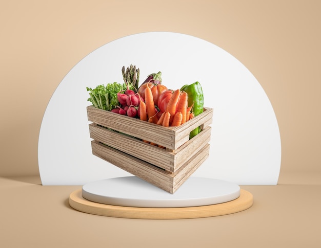 Фото Свежие овощи в деревянном ящике на постаменте