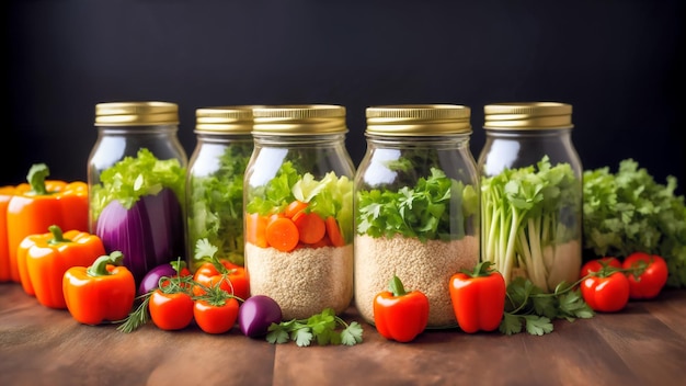 Fresh vegetables in jars on a wooden table Product installation