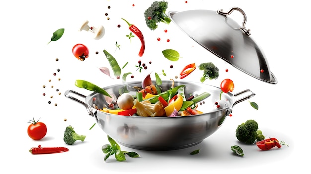 색 배경에 고립된 비에서 아오르는 신선한 채소, 역동적인 요리 장면에서 건강한 식사 개념, 활기찬 음식 사진, AI