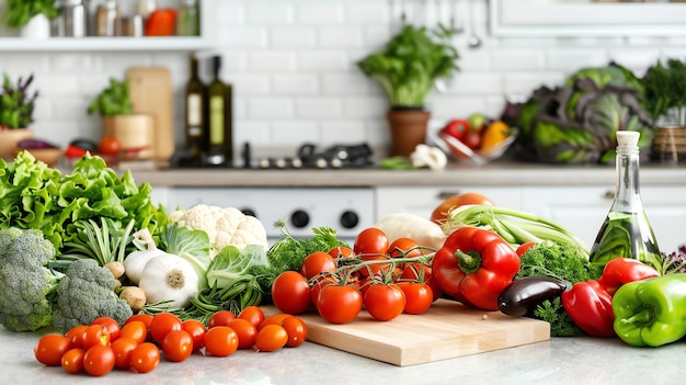 fresh vegetables on a kitchen counter in a bright kitchen