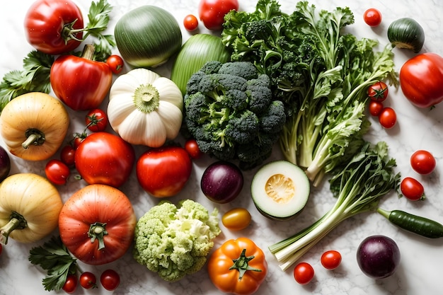 fresh vegetables laying on white background top view flat lay with copy space