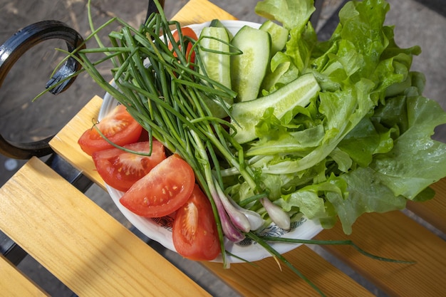 新鮮な野菜 サラダ 春の洋<unk> トマトとキュウリを白い皿に 庭の背景の木製のヴィンテージベンチに オーガニック野菜の栽培の概念