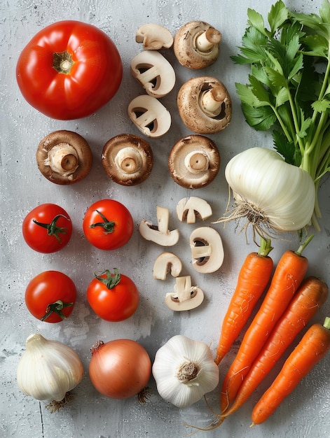 Fresh vegetables like tomatoes carrots and garlic are neatly organized