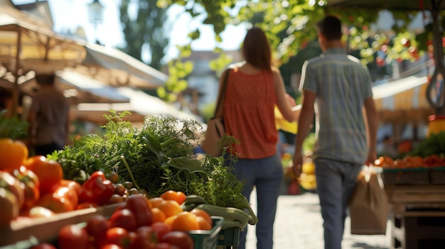 Foto verdure fresche al mercato una coppia si allontana dalla telecamera l'uomo porta un cesto la donna gli tiene la mano