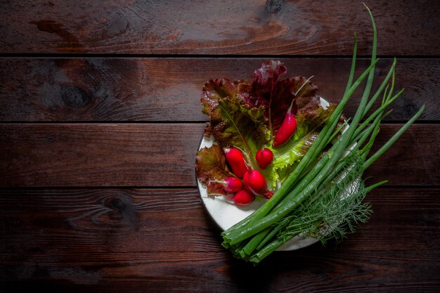 Fresh vegetables onion green feather radish on a dark wooden background in rustic style with copy space