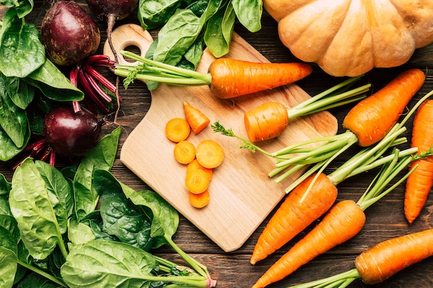 Fresh vegetables, pumpkin, carrots, beets, spinach