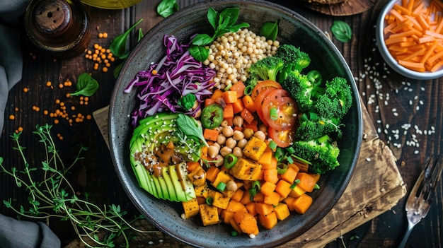 Foto verdure fresche e riso in una ciotola perfetti per il cibo e i concetti di cottura