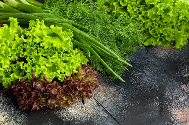 Fresh vegetables for salad Tomatoes and lettuce cucumbers with zucchini and cabbage with dill Spring harvest benefits and vitamins On a dark background copy space