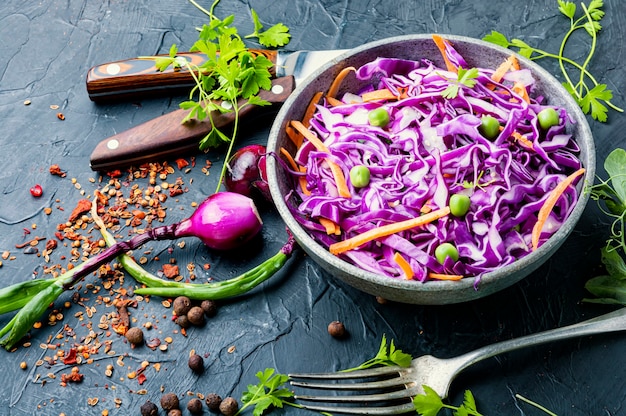 Fresh vegetables salad with red cabbage and carrot.Coleslaw salad