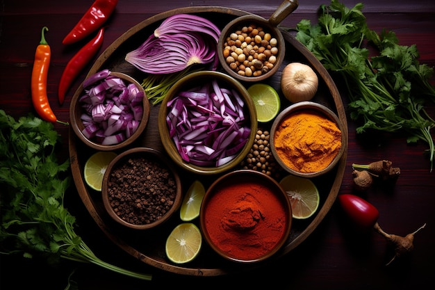 Fresh Vegetables and Spices on Wood