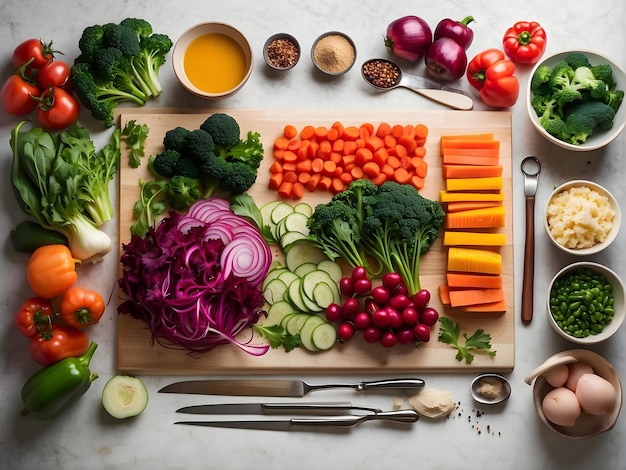 fresh vegetables and spices on wooden table for making salad