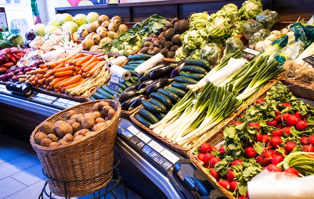 Fresh vegetables in the spring market, various veggie food