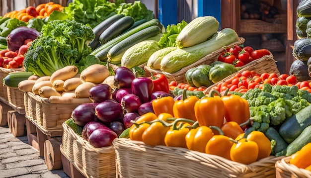 Fresh vegetables at a street organic food market farm shop fruits vegetables on the street