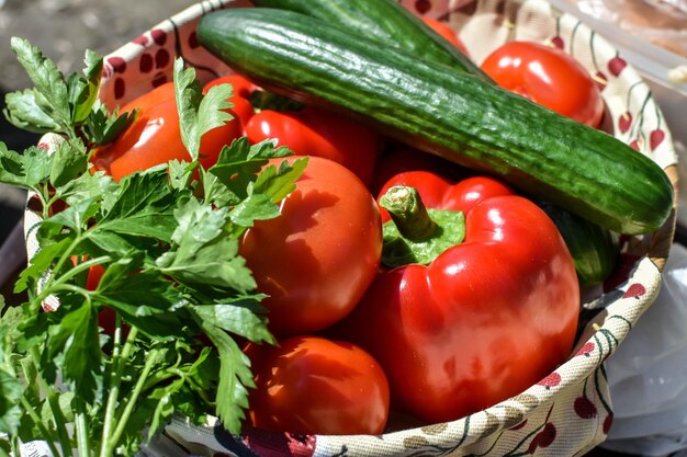 Fresh vegetables on table on sunny day Healthy food getting vitamins nutrients vegetarianism