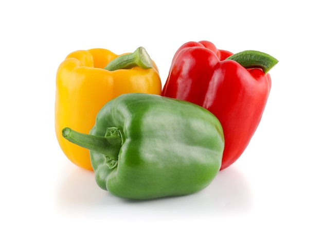 Fresh vegetables Three sweet Red, Yellow, Green bell peppers isolated