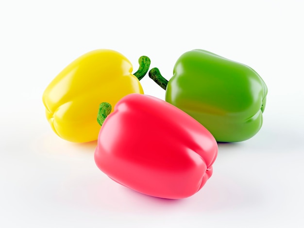 Fresh vegetables Three sweet Red Yellow Green Peppers isolated on white background Three vegetables of pepper 3D render