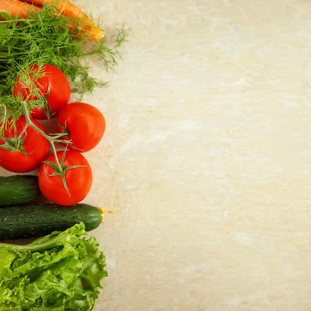 Pomodori di verdure fresche su un ramo insalata di cetrioli con aneto su sfondo bianco insalata integrata