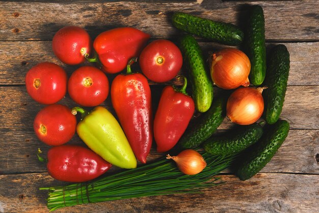 Fresh vegetables, tomatoes,cucumbers, bell peppers and onions.