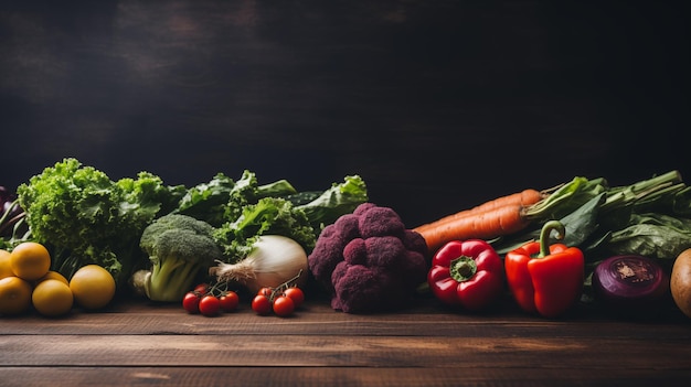 Fresh vegetables Vegetarian ingredients for cooking on dark rustic wooden background