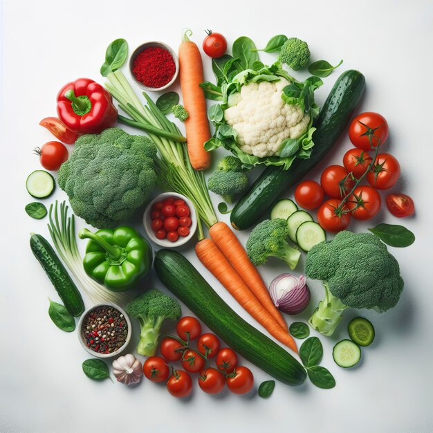 Fresh vegetables on a white background Top view flat lay