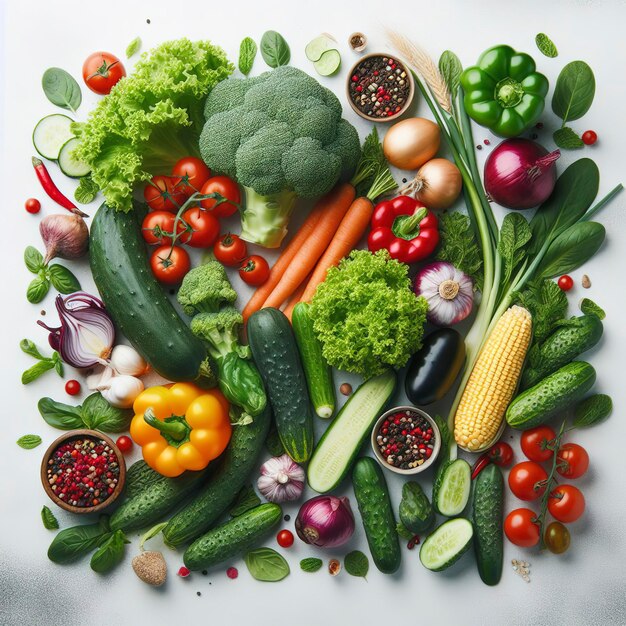 Fresh vegetables on a white background Top view flat lay