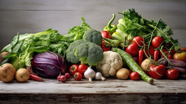 Fresh vegetables on the white wooden table