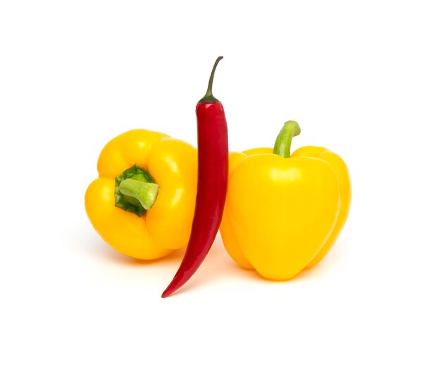 Fresh vegetables whole yellow bell pepper paprika and chilli isolated on white background