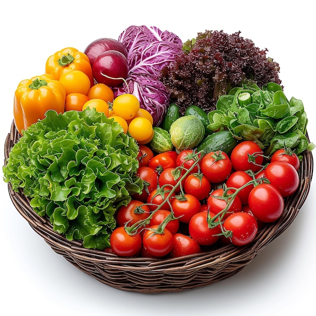 Fresh vegetables in a wicker basket isolated on a white background