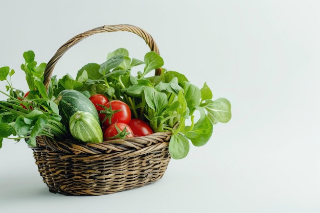 白い背景に隔離されたバスケットに緑の葉のある新鮮な野菜