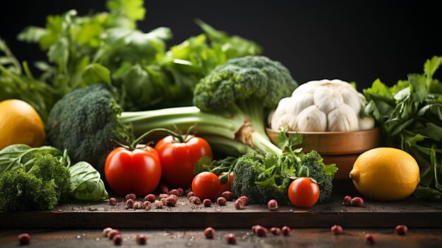 fresh vegetables with greens on white table copy space