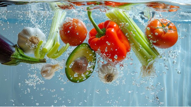 Fresh vegetables with water splash Pepper garlic avocado Healthy food concept