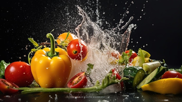 Photo fresh vegetables with water splashes and knife