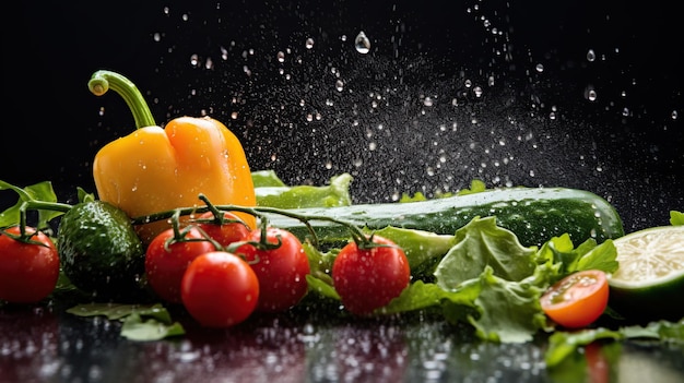 Photo fresh vegetables with water splashes and knife