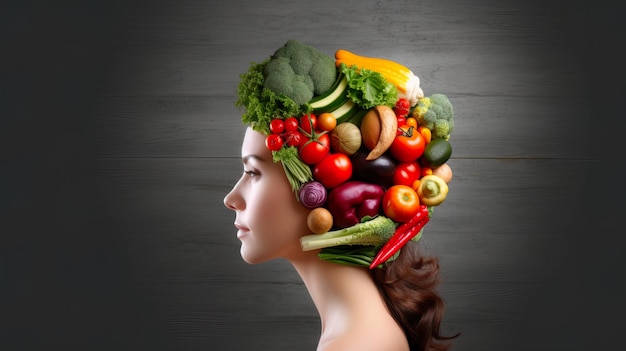Свежие овощи в голове женщины, символизирующие здоровое питание