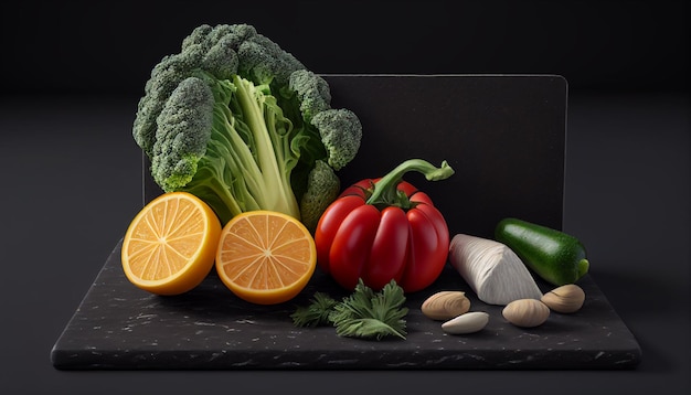 Fresh vegetables on a wooden board on black background Generative AI