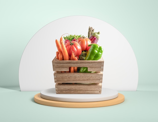 Fresh vegetables in a wooden box on a pedestal