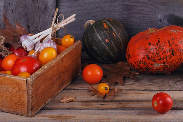 Fresh vegetables in wooden box on the table