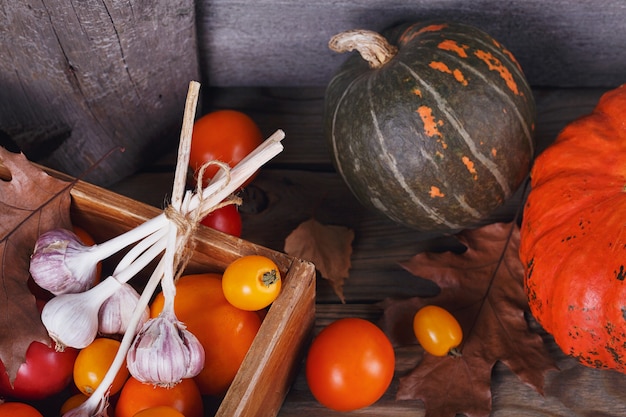 Fresh vegetables in wooden box on the table