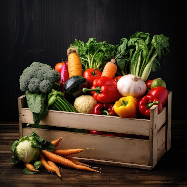 Fresh Vegetables in wooden box on wooden background Generative AI