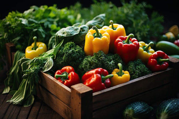 fresh vegetables in a wooden box