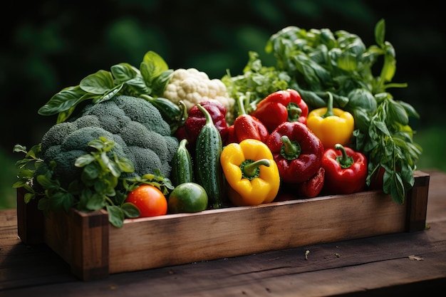 fresh vegetables in a wooden box