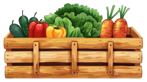 Photo fresh vegetables in a wooden crate the crate is filled with green lettuce red and yellow bell peppers cucumbers and carrots