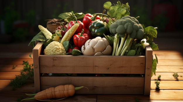 Fresh vegetables in a wooden crate on a rustic table