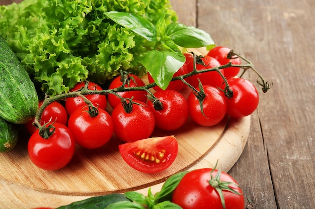 Fresh vegetables on wooden table closeup