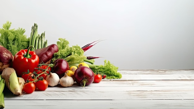 Fresh vegetables on a wooden table Healthy food background with copy space