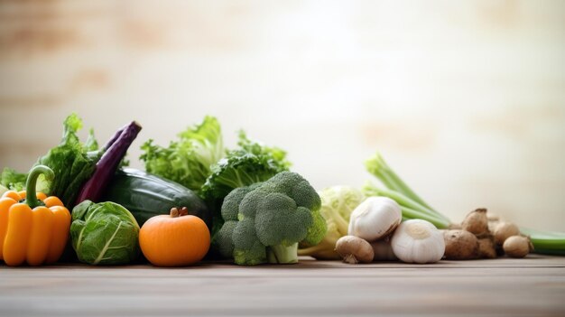 Fresh vegetables on wooden table with copy space ai