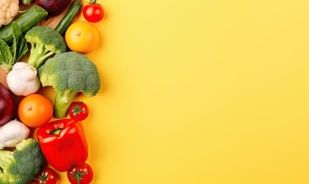 노란색 배경의 신선한 야채 평면도 복사 공간 요리 재료 당근 토마토 오이 고추 브로콜리 양파 채식 유기농 식품 배너 AI 생성