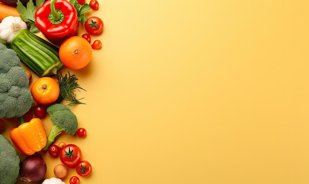 Fresh vegetables on yellow background Top view Copy space Cooking ingredient carrot tomatoes cucumber pepper broccoli onion Vegetarian organic food banner Created with generative AI tools