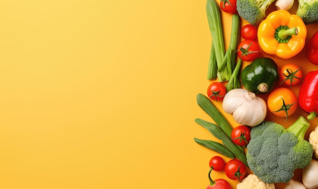 黄色の背景に新鮮な野菜 トップ ビュー コピー スペース 調理材料 ニンジン トマト キュウリ コショウ ブロッコリー タマネギ ベジタリアン オーガニック食品バナー 生成 AI ツールで作成